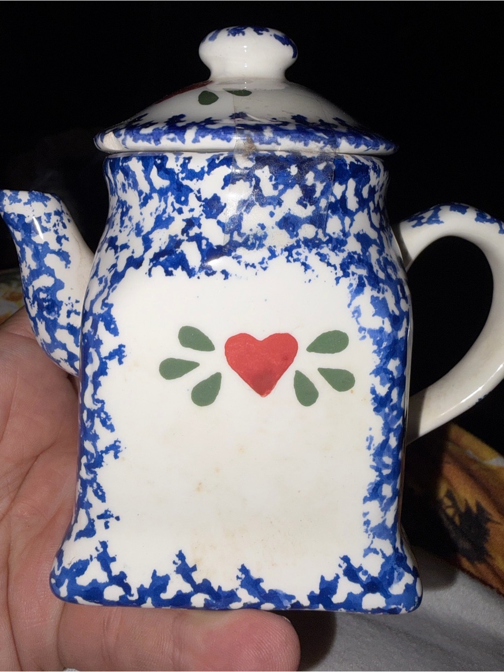 Blue Spatter Ceramic Teapot with Red Heart Accent